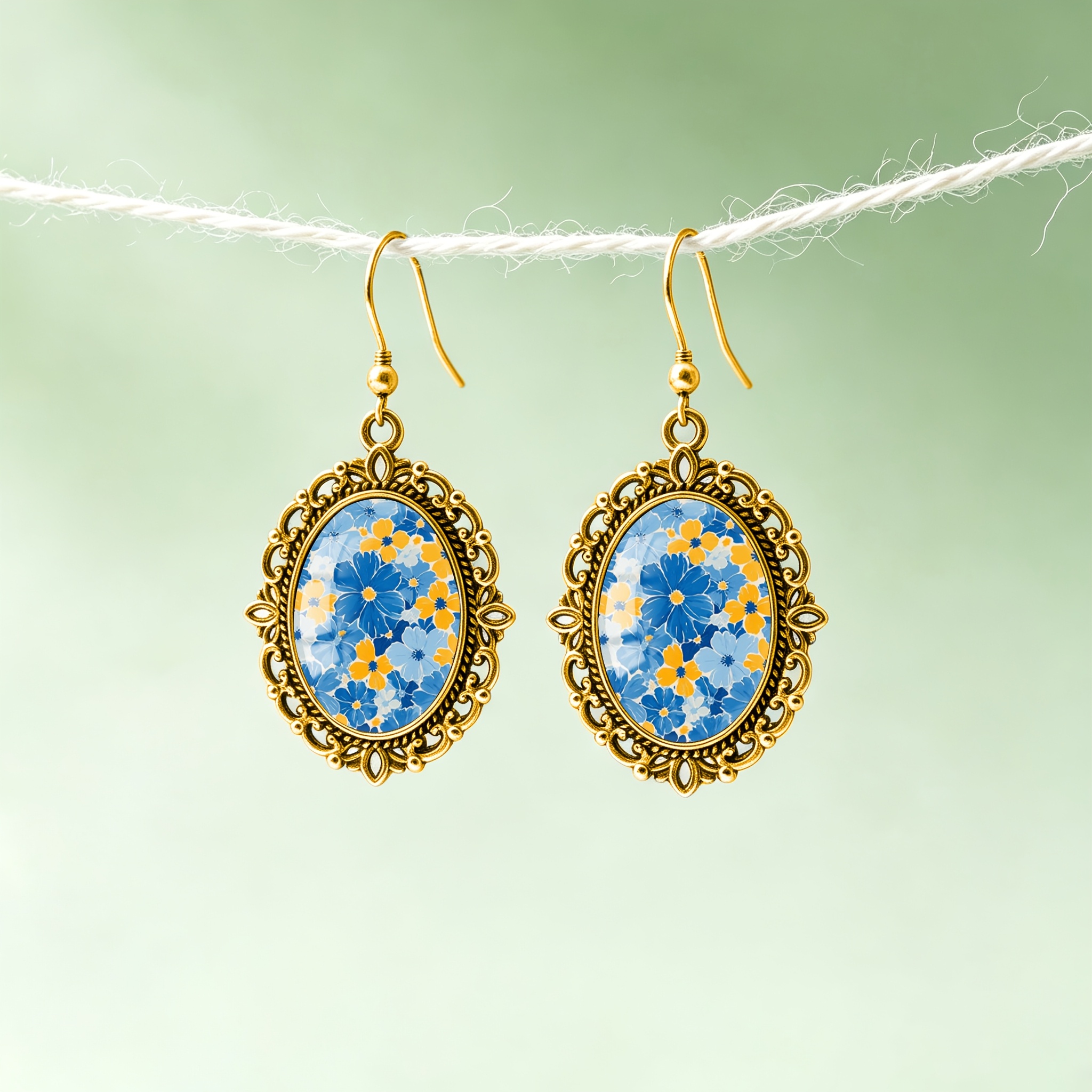 Blue Yellow Daisy Pattern Oval Earrings, Unisex Gift
